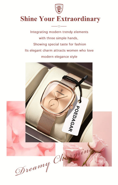 POEDAGAR Elegant Women's Quartz Watch - Waterproof, Stainless Steel Mesh Band, Rose Golden Square Dial, Black Strap, Perfect for Parties & Casual Attire, Stylish Timepiece | Elegant Design | Mesh Strap Watch, Watch Accessorie