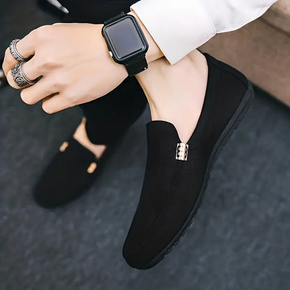 Canvas Loafers - Slip-On Shoe Style with Golden Emblem, Comfortable Non-Slip Sole, Suitable for Driving & Daily Office Use