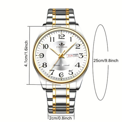 FOURRON Men's Quartz Watch - Trendy and Fashionable Appearance Stainless Steel Band with Luminous & Date Display, Ideal Gift for Birthdays & Holidays, Sunday Calendar Display, Multifunctional Watch, Casual Fashion, Gift for R