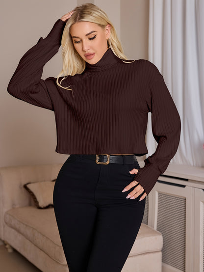Women'S High Neck Knit Turtleneck T-Shirt, Solid Color Polyester 95% Spandex 5% Blend, Short Length, Fall/Winter Collection, 210g/m² Knit Fabric