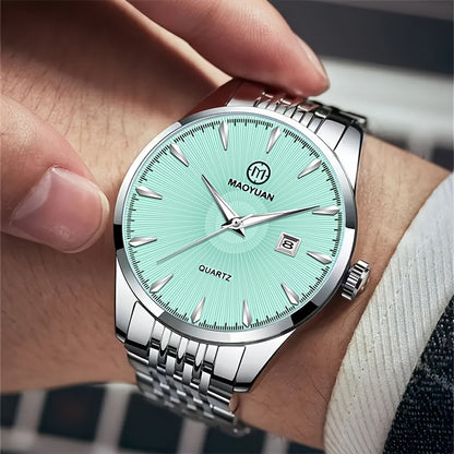 MAOYUAN Men'S Luxury Stainless Steel Quartz Watch with Date Display and Luminescent Hands - Elegant Green Dial, Metal Bracelet, Perfect for Business and Casual Attire, Ideal Gift for Men, Casual Watch | Elegant Watch | Quartz