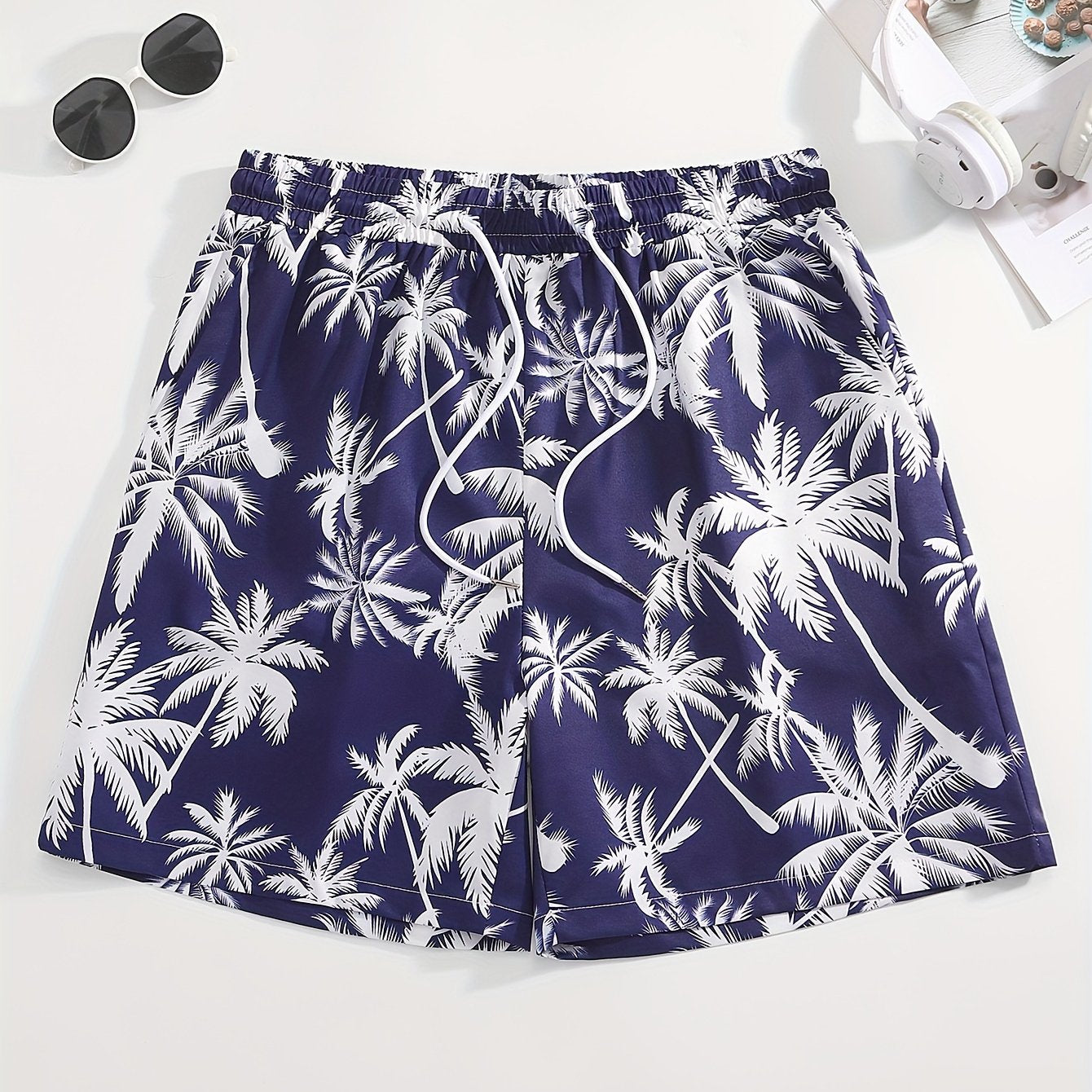 Men's Tropical Coconut Tree Print Drawstring Shorts - Casual, Loose-Fit Beachwear with Pockets