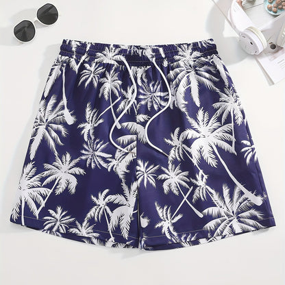 Men's Tropical Coconut Tree Print Drawstring Shorts - Casual, Loose-Fit Beachwear with Pockets