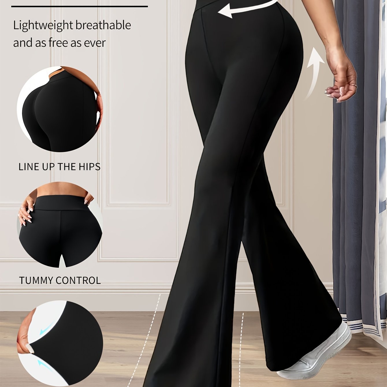 High-Waisted Flared Leggings for Women - Stretchy Black Polyester Pants with Tummy Control, Slimming Fit, and Breathable Design for Spring/Summer/Fall Casual Wear, Spring Summer Leggings | Fitted Leggings | Elastic Waistband