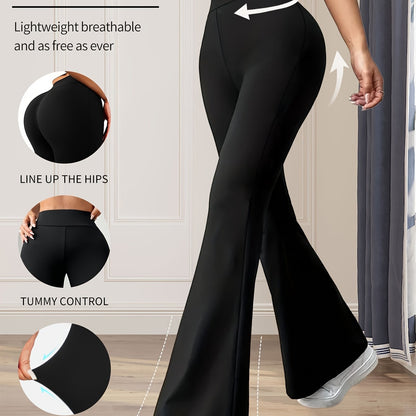 High-Waisted Flared Leggings for Women - Stretchy Black Polyester Pants with Tummy Control, Slimming Fit, and Breathable Design for Spring/Summer/Fall Casual Wear, Spring Summer Leggings | Fitted Leggings | Elastic Waistband