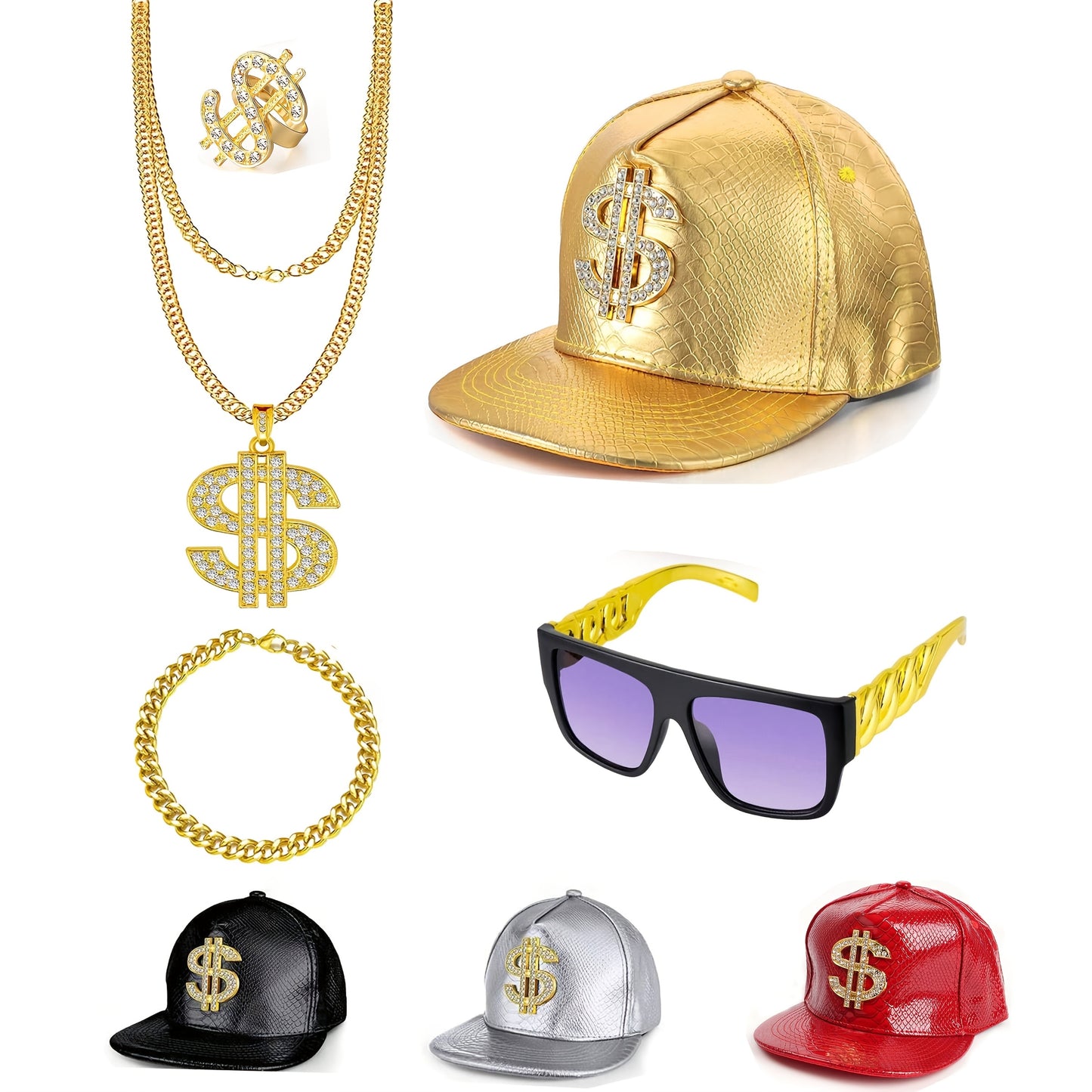 5pcs Hip Hop Costume Kit 80s 90s Rapper Accessories Set Golden Rapper Hat Baseball Cap Punk Fashion Glasses Golden Dollar Sign Pendant Necklace Ring Bracelet for Men Women Carnivals, throwback party Outfit Halloween Jewelry f