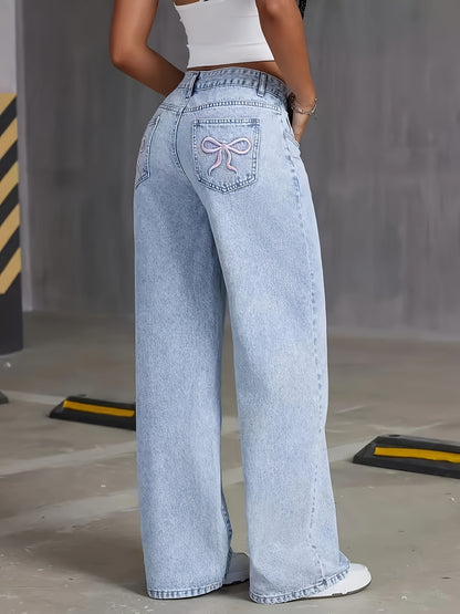 Women's High-Rise Light Wash Blue Denim Wide-Leg Pants with Butterfly Details - Street Style, Non-Stretch Fabric, Machine Washable