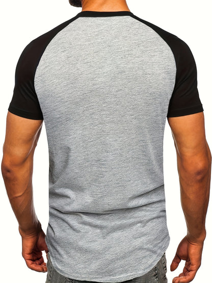Chic Printed T-shirt, Men's Casual Street Style Stretch Round Neck Tee Shirt For Summer