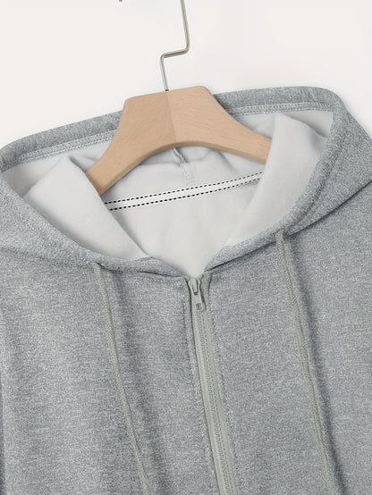 Zip Up Cropped Drawstring Hoodie, Casual Long Sleeve Sweatshirt For Spring & Fall, Women's Clothing