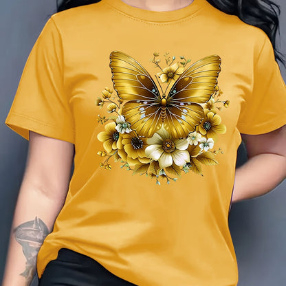 Women'S Floral Butterfly Print T-Shirt, Short Sleeve Crew Neck Casual Top for Spring & Summer, Vibrant Green with White & Blue Flowers, Perfect Birthday or Holiday Gift, Everyday Fashion | Vibrant Casual Top | Glossy Texture