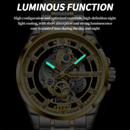 BINBOND Men's Sleek Golden-Tone Quartz Watch - Transparent Dual-Sided Hollow Design, Waterproof with Luminous Hands, Stainless Steel Band, Ideal Gift