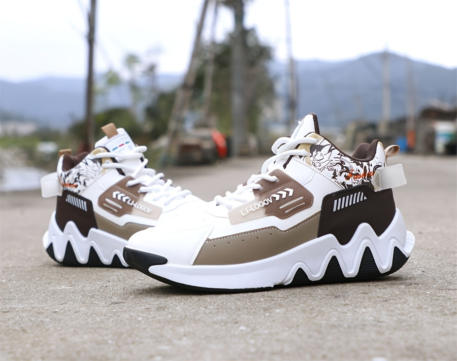 Men's High-Top Basketball Sneakers, Preppy Street Style, Solid Color with Cartoon & Stripes, All-Season Lace-Up Sports Shoes, Faux Upper, Fabric Inner, Rubber Sole, for Running, Hiking & Casual Wear, Outdoor Activities Shoes