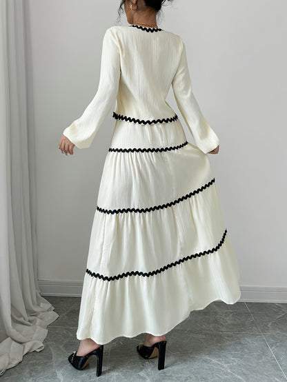 Spring-Summer Temperament Fashion Black Trim V-Neck Two-Piece Set with Tie Strap Long Sleeve Top and Skirt for Women