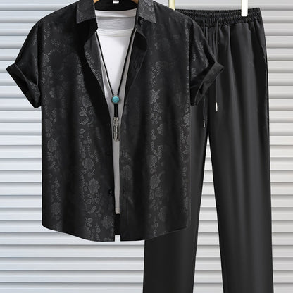 Men's Outfit, Casual Floral Graphic Print Lapel Short Sleeve Button Up Shirt & Drawstring Pants 2-piece Set For Outdoor Activities