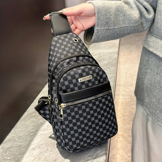 Men's Stylish Geometric Print Sling Bag - Black & White Crossbody Chest Pack with Golden-Tone Zippers, Compact Travel & Everyday Commute Backpack, Modern Accessory | Textured Finish, Crossbody Bag