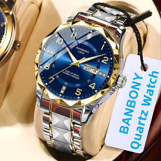 1 New BANBONY Brand Unisex Stainless Steel Quartz Watch with HD Scratch-Resistant Rhinestone-Embellished Simple Digital Round Dial, Luminous Display Date Calendar Battery-Powered Multifunctional Fully Automatic Wristwatch for