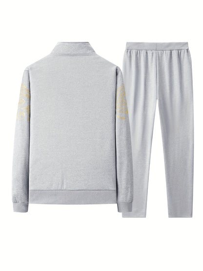 Men's Casual Print Sweatshirt & Joggers Set - Polyester, Stand Collar, Zip-Up Jacket for Spring/Fall