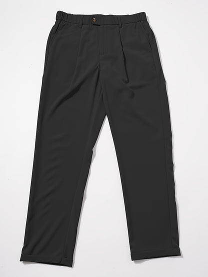 Men's Sleek Solid Color Dress Pants - Polyester, Mid-Rise with Pockets, Ideal for Office & Casual Wear in Spring/Summer, Non-Stretch Fabric