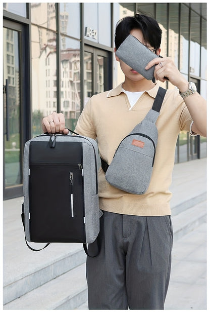Three-Piece Set: Laptop Bag, Chest Bag, Wallet - Multi-Layer Oxford Fabric Adjustable Shoulder Backpack with Reflective Strip Design, Breathable Wide Strap Large Capacity Casual Storage Bag for Men, Suitable for Daily Commute