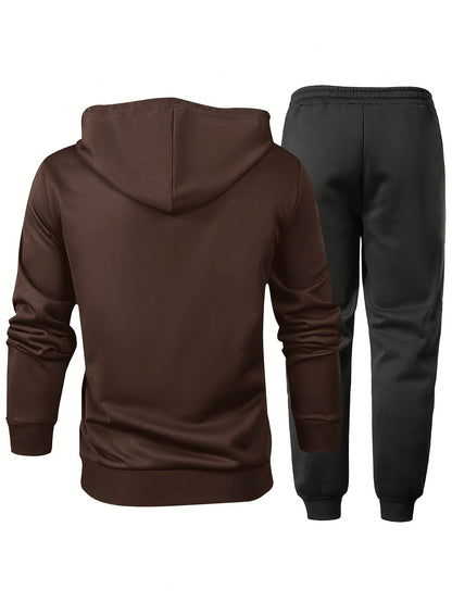 Men's Two-Piece Sportswear Suit: Zipper Hoodie + Sweatpants Set, Spring/Autumn Solid Color Regular Long Sleeve Zipper Hoodie with Drawstring, Threaded Trousers, Casual Sportswear Two-Piece Set