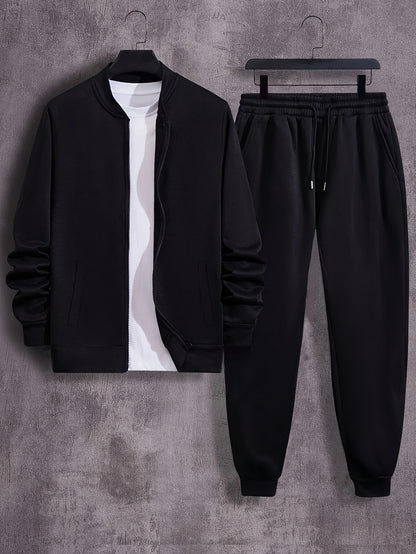 Men'S Casual Polyester Sweatsuit Set with Baseball Collar and Slight Stretch - Solid Color Long Sleeve Knit Fabric Track Suit for Fall/Winter