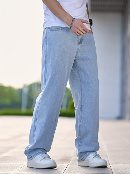 Men's Relaxed Fit Light Blue Denim Jeans - Casual Straight Leg Blend Pants, Machine Washable, Comfortable for Casual Attire, Casual Wear Jeans | Relaxed Fit Jeans | Blend Denim