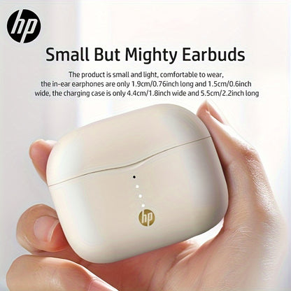 HP True Wireless ականջակալներ, թեթև ականջակալներ ներկառուցված միկրոֆոնով, որոնք ապահովում են հիանալի ձայն և երկար հեռավորության վրա կապ, լիցքավորման պատյանով - հարմար են և՛ iPhone-ի, և՛ Android սարքերի համար։
