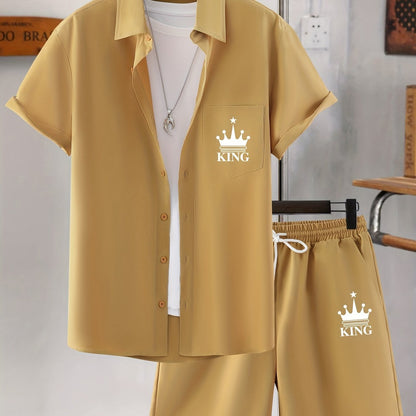 Men's Casual Short Sleeve Collar Shorts Printed Fashion Suit