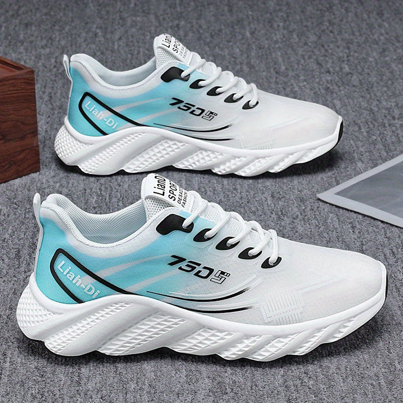 Men's Lightweight Sneakers - Non-Slip PVC Sole, Cushioned EVA Insole - White/Blue Accent Low-Top Sneakers for Gym, Running, Everyday - All-Season Lace-Up Athletic Footwear - Model HX-3, Sports Activities, Sporty Design, Secur