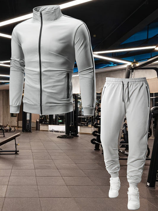 Men's Casual Sportswear Set: Spring/Autumn Stand Collar Jacket, Drawstring Elastic Waist Pants Two-Piece Set with Fashion Print, Men's Top and Bottom Outfit for Running Loungewear, Zipper Pocket Design