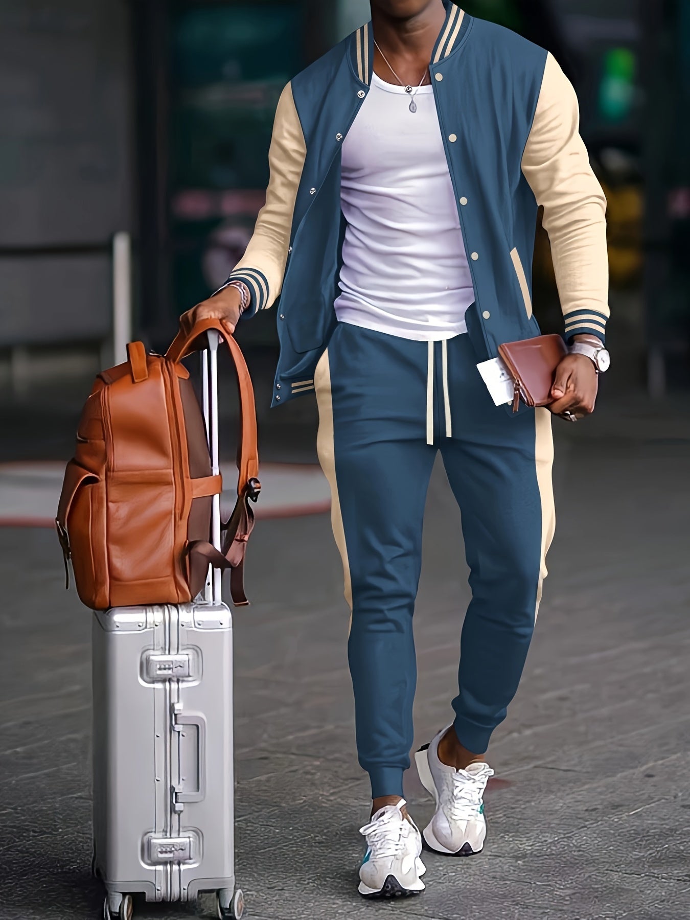 Men'S Casual Baseball Collar Jacket and Pants Set, Color Block Long Sleeve Sweatshirt and Sweatpants, Polyester Woven Suit with Button Detail, Spring/Fall Collection