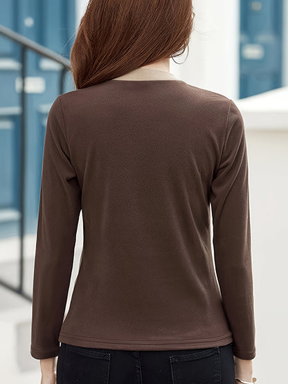 Women's Chic Color Block Casual Top - High Stretch Polyester & Elastane Blend, Button Detail, Machine Washable - Elegant Stand Collar, Long Sleeve, Beige & Brown