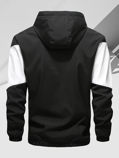 Men's Casual 2-Piece Outfit, Stylish Color Block Zip Up Hooded Jacket, Breathable Solid Color Drawstring Pants