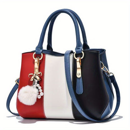 Stylish Women'S Shoulder Bag with Detachable Strap - Large Capacity, Geometric Pattern, White, Blue, and Brown, Perfect for Work, Parties, and Everyday Use, Party Accessory | Geometric Pattern Bag | Durable Zipper Closure, Pu