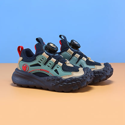 Boys' Breathable Mesh Sneakers with Rotating Button Closure - Lightweight EVA Sole, Durable PU & Fabric Upper, All-Season Outdoor Hiking Shoes for (Black/Green/Red Accents)