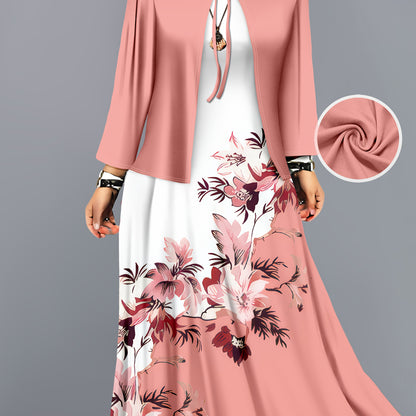 Fashion Women's solid color small cardigan and floral print patchwork dress two-piece set