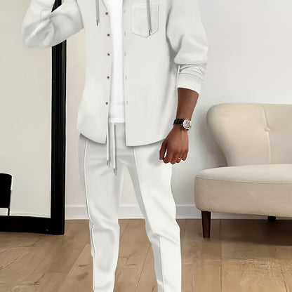 New Long Sleeve Buttoned Hooded Jacket and Rope Pants Set for Spring and Autumn, Waffle Solid Classic Men's Sports 2pcs Sports Suit - Sports Suit for Outdoor Sports Enthusiasts, Breathable and Comfortable