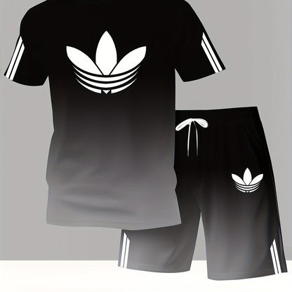 ADIDA Letter Set Short Sleeve + Shorts Two-Piece Men's Fashion Casual Round Neck T-Shirt Outfit, European Style Trendy Short Sleeve Set