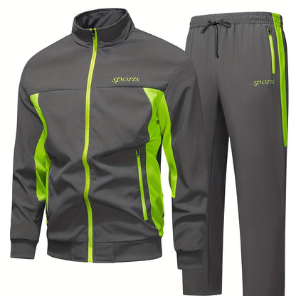 Men's Two-Tone Spliced Jacket and Pants Set in Fluorescent Green with 'Sports' Letter Print, Eye-Catching Fashion Design, Comfortable Soft Fabric, Essential Outfit for Home or Outdoor Wear TZ8030