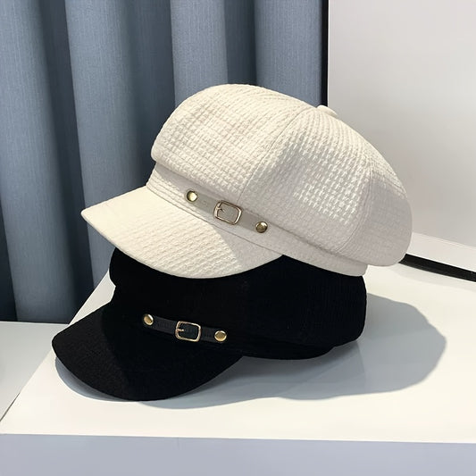 1pc Women's Octagonal Beret Hat with Adjustable Strap & Metallic Buckle - Wide Brim, 100% Polyester, Hand Wash Only, Spring/Summer Fashion Accessory for Outdoor Casual (Black/Brown/Beige), Hat, Stylish Face Covering, Elegant
