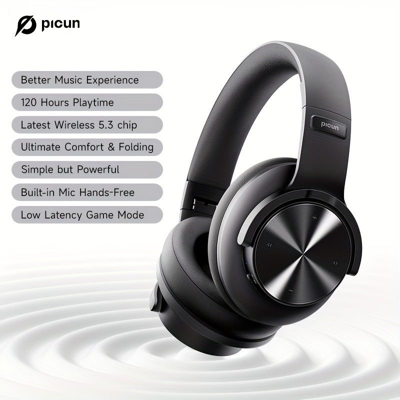 Picun B8 Wireless Gaming Headphones with 120H Playtime, 3 EQ Customization & Game Mode, Noise Isolation, Foldable Over-Ear Design, Wireless, USB-C Charging, Built-in Mic for PC/Laptop/Phone/Travel (Black), Wireless Gaming Hea