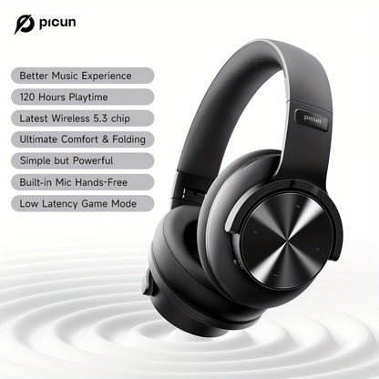 Picun B8 Wireless Gaming Headphones with 120H Playtime, 3 EQ Customization & Game Mode, Noise Isolation, Foldable Over-Ear Design, Wireless, USB-C Charging, Built-in Mic for PC/Laptop/Phone/Travel (Black), Wireless Gaming Hea