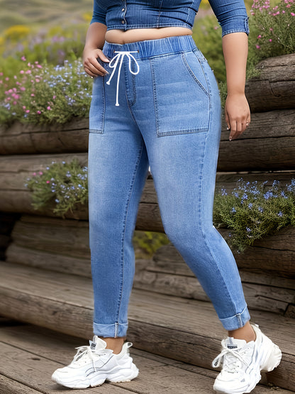 Plus Size Casual Jeans, Women's Plus Washed Elastic Drawstring High Rise High Stretch Jeans