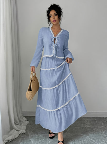 Women'S New Arrival Black and White Ruffled Lace Trim Long Sleeve Shirt with Tie Waist Umbrella Skirt Set, Stylish Elegant Vacation Commute Daily Wear Date Party Two-Piece Outfit Suitable for All Seasons