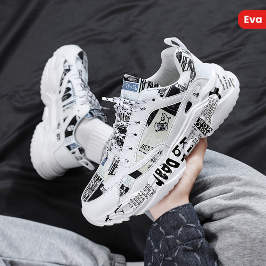 Men'S Fashion Trend Heightening Random Graffiti Contrast Color Letter Stickers Dad Shoes, Comfortable Daily Versatile Casual Large Size Running Shoes Couple Sports Shoes