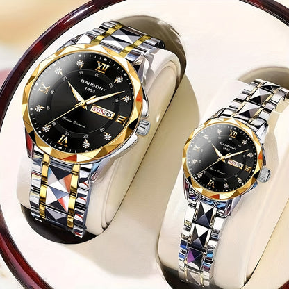 2pcs Couple Watch BANBONY Brand Trendy Fashion Men's and Women's Quartz Watch Stainless Steel Strap with Rhinestone Luminous High-definition Disc Waterproof Night Light Display Week Calendar Display Wristwatch Holiday Gift fo