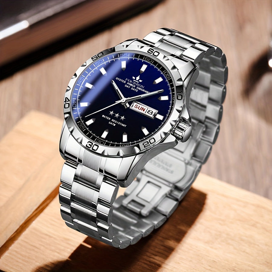 FOURRON Stainless Steel Quartz Watch with Black Dial, Date Display, Waterproof, Lightweight, Casual Style, Everyday Watch | Minimalist Watch | Stainless Steel Band