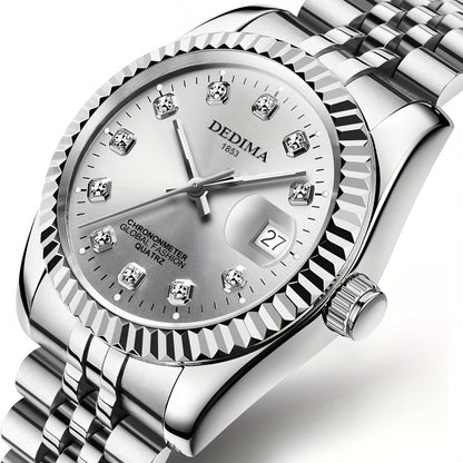 DEDIMA Elegant Stainless Steel Band Calendar Watch, Quartz Movement, Round Dial with Rhinestones, Battery-Powered, Non-Rechargeable Button Battery, Regular Cleaning, for Men, Women, Students, Christmas, Valentine'S Day, Thank