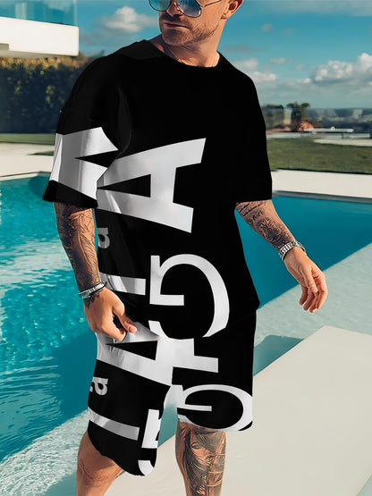 Men's Printed Short Sleeve T-Shirt + Shorts Set Casual Sporty Outfit Breathable Outdoor Leisure Men's Tee and Five-Pocket Pants Summer 3D Print Set Father's Day Gift for Adults