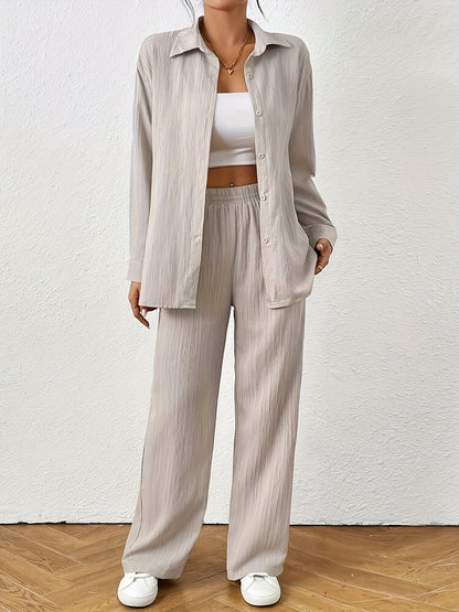 2pcs Women Spring & Autumn Casual Solid Color Long Sleeve Shirt And Pants Set